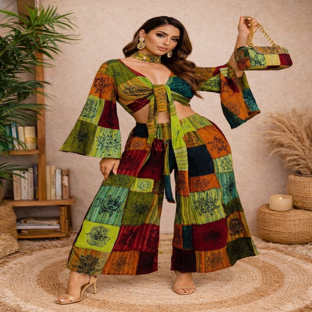 Women OS Boho Patchwork Matching Two Piece Set Wide Leg Pants Tie Front Crop Top